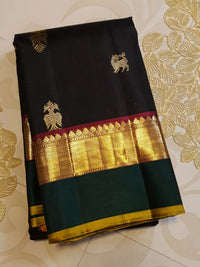 2G Pure Kanjivaram Silk Saree in Black with Bottle Green Gold Zari Border & Traditional Gold Zari Motifs | Silkmark Certified