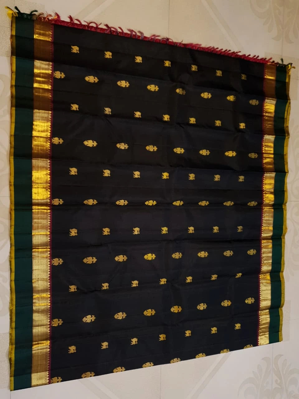 2G Pure Kanjivaram Silk Saree in Black with Bottle Green Gold Zari Border & Traditional Gold Zari Motifs | Silkmark Certified