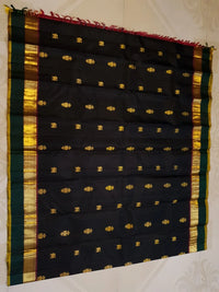 2G Pure Kanjivaram Silk Saree in Black with Bottle Green Gold Zari Border & Traditional Gold Zari Motifs | Silkmark Certified