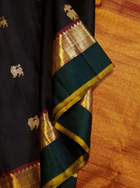 2G Pure Kanjivaram Silk Saree in Black with Bottle Green Gold Zari Border & Traditional Gold Zari Motifs | Silkmark Certified