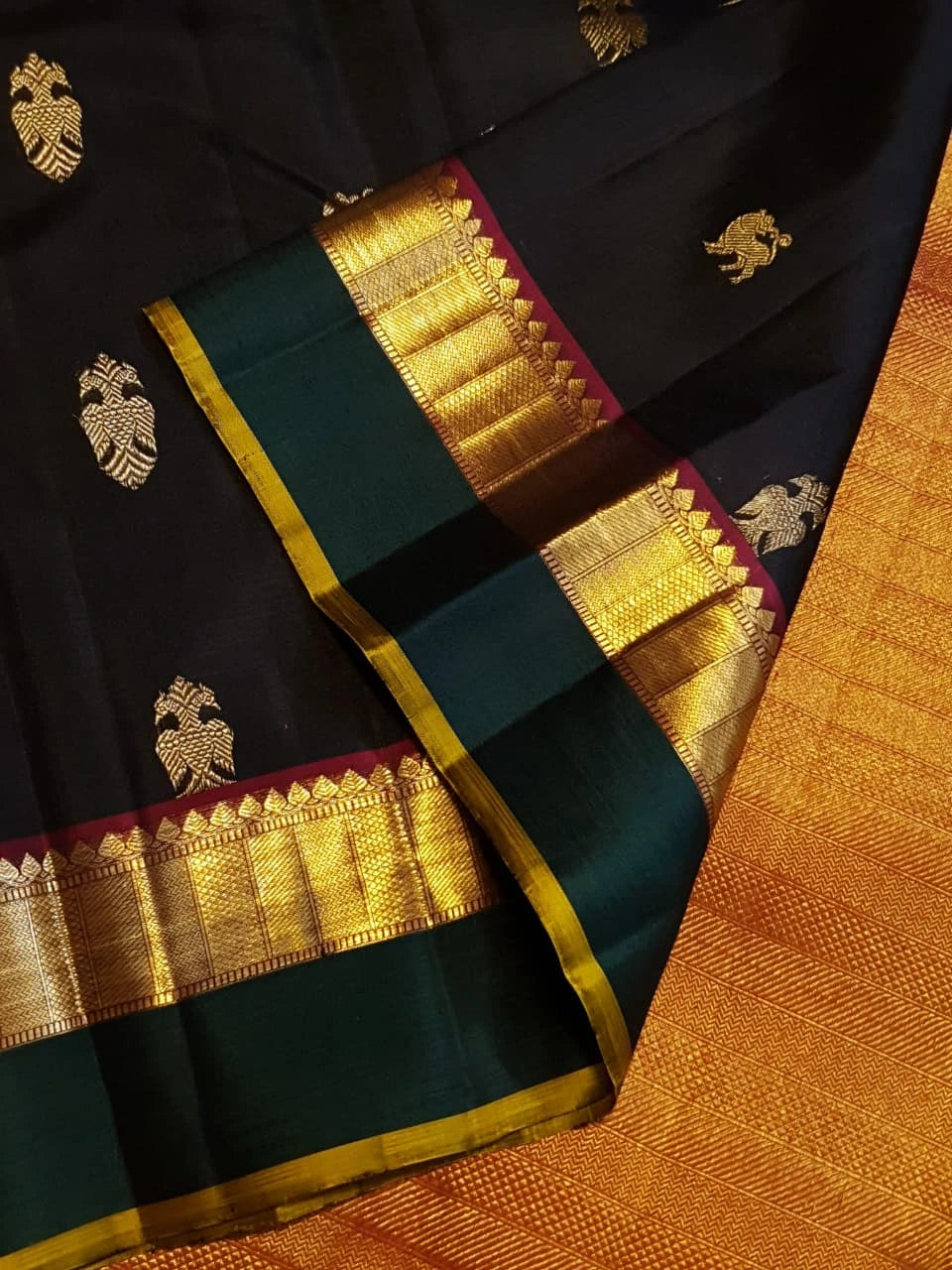 2G Pure Kanjivaram Silk Saree in Black with Bottle Green Gold Zari Border & Traditional Gold Zari Motifs | Silkmark Certified