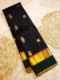 2G Pure Kanjivaram Silk Saree in Black with Bottle Green Gold Zari Border & Traditional Gold Zari Motifs | Silkmark Certified