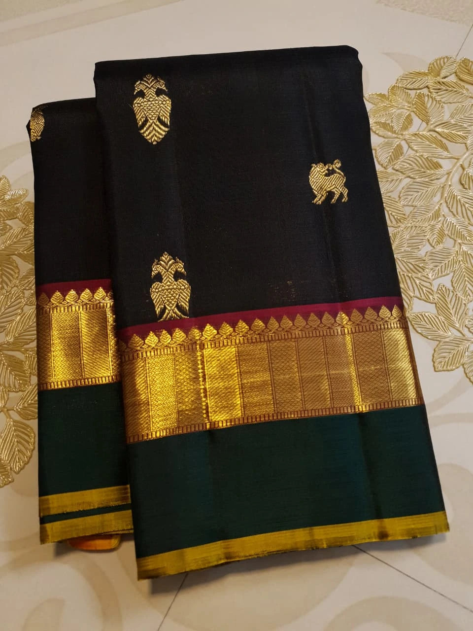 2G Pure Kanjivaram Silk Saree in Black with Bottle Green Gold Zari Border & Traditional Gold Zari Motifs | Silkmark Certified