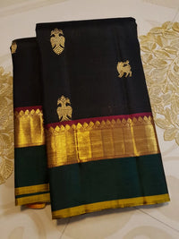2G Pure Kanjivaram Silk Saree in Black with Bottle Green Gold Zari Border & Traditional Gold Zari Motifs | Silkmark Certified