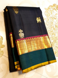 2G Pure Kanjivaram Silk Saree in Black with Bottle Green Gold Zari Border & Traditional Gold Zari Motifs | Silkmark Certified