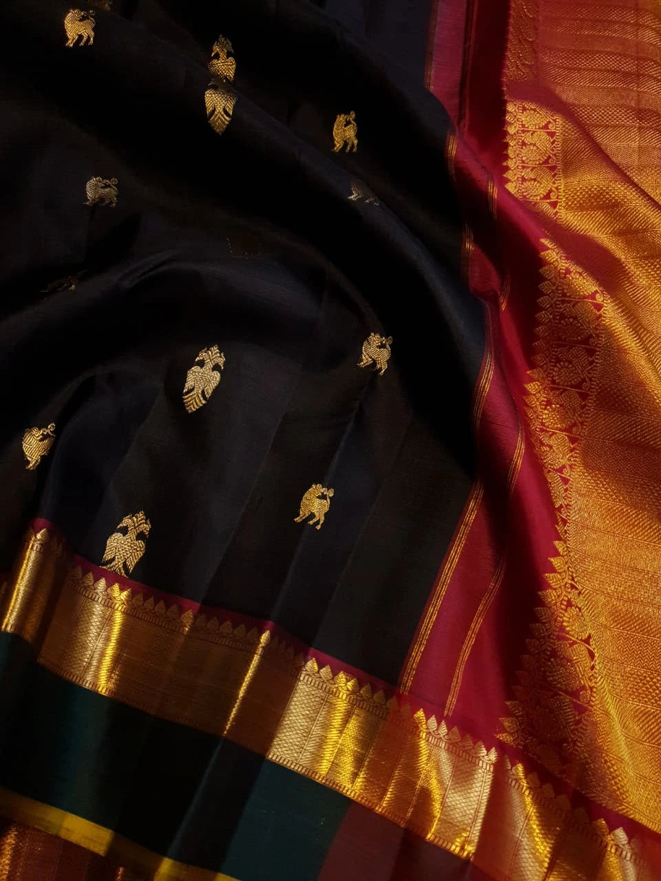2G Pure Kanjivaram Silk Saree in Black with Bottle Green Gold Zari Border & Traditional Gold Zari Motifs | Silkmark Certified