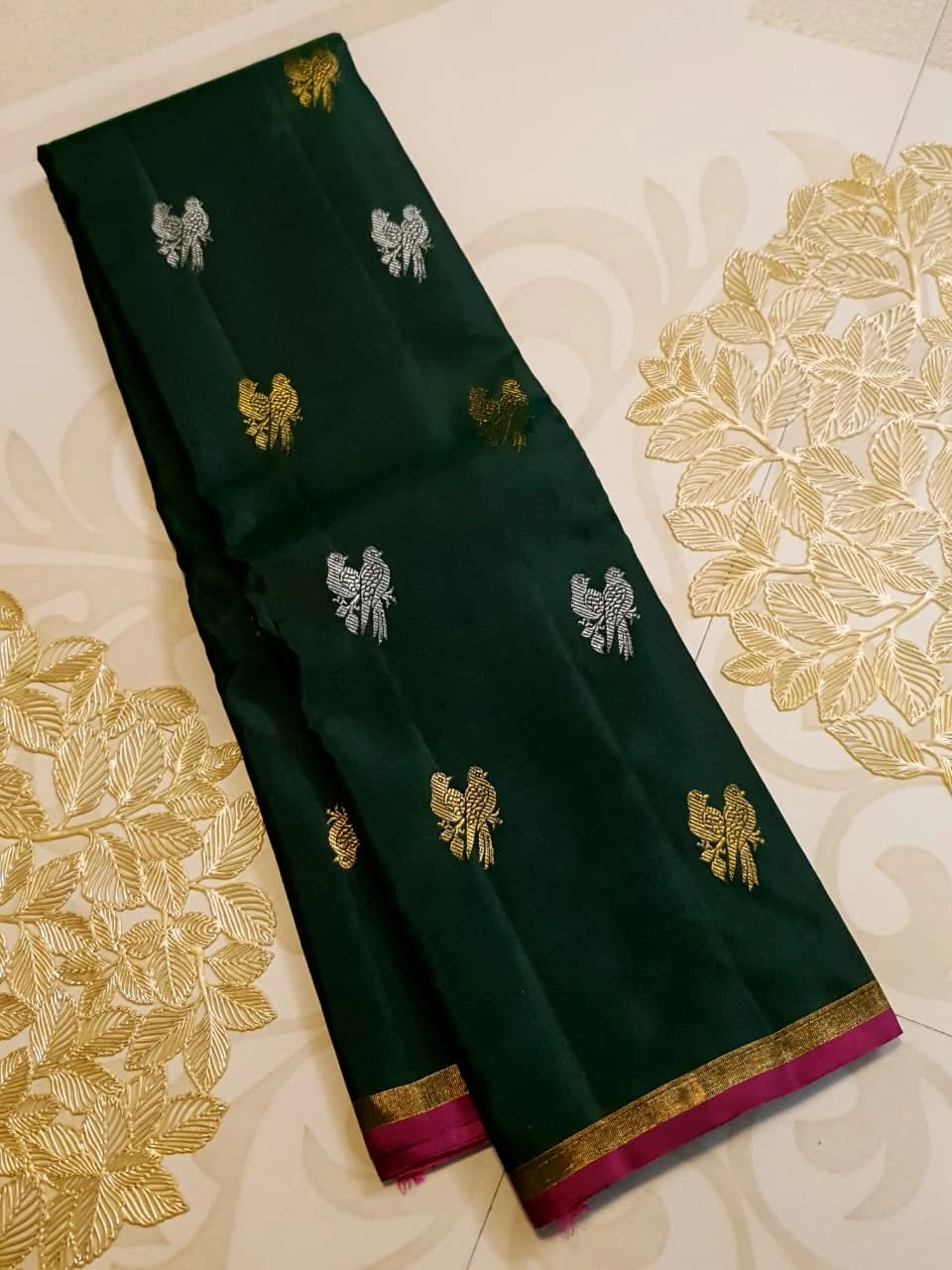 2G Pure Kanjivaram Silk Saree in Deep Bottle Green with Magenta Gold Zari Border & Coral Orange Parrot Butta Pallu | Silkmark Certified