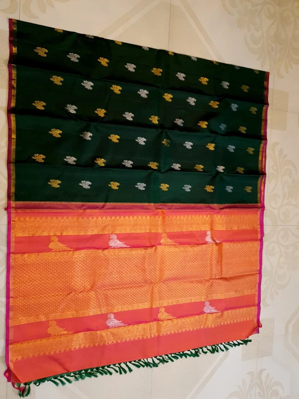 2G Pure Kanjivaram Silk Saree in Deep Bottle Green with Magenta Gold Zari Border & Coral Orange Parrot Butta Pallu | Silkmark Certified