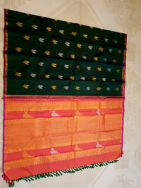 2G Pure Kanjivaram Silk Saree in Deep Bottle Green with Magenta Gold Zari Border & Coral Orange Parrot Butta Pallu | Silkmark Certified