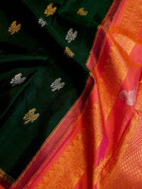 2G Pure Kanjivaram Silk Saree in Deep Bottle Green with Magenta Gold Zari Border & Coral Orange Parrot Butta Pallu | Silkmark Certified