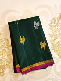 2G Pure Kanjivaram Silk Saree in Deep Bottle Green with Magenta Gold Zari Border & Coral Orange Parrot Butta Pallu | Silkmark Certified