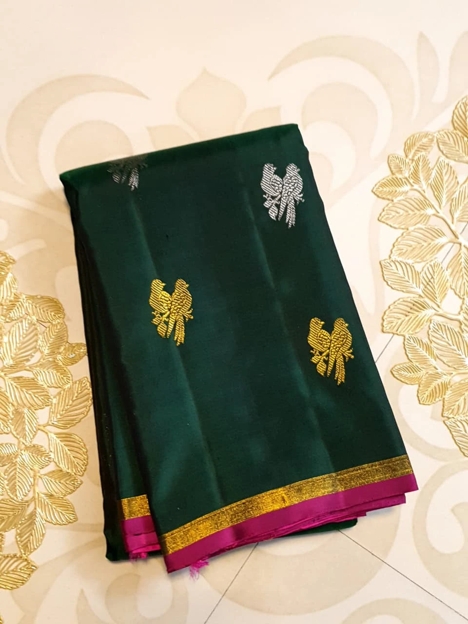2G Pure Kanjivaram Silk Saree in Deep Bottle Green with Magenta Gold Zari Border & Coral Orange Parrot Butta Pallu | Silkmark Certified
