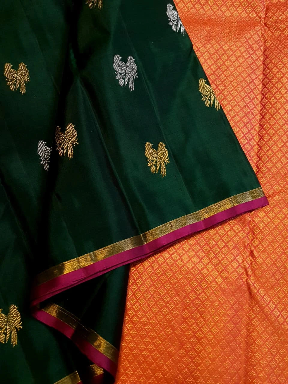 2G Pure Kanjivaram Silk Saree in Deep Bottle Green with Magenta Gold Zari Border & Coral Orange Parrot Butta Pallu | Silkmark Certified
