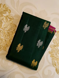 2G Pure Kanjivaram Silk Saree in Deep Bottle Green with Magenta Gold Zari Border & Coral Orange Parrot Butta Pallu | Silkmark Certified