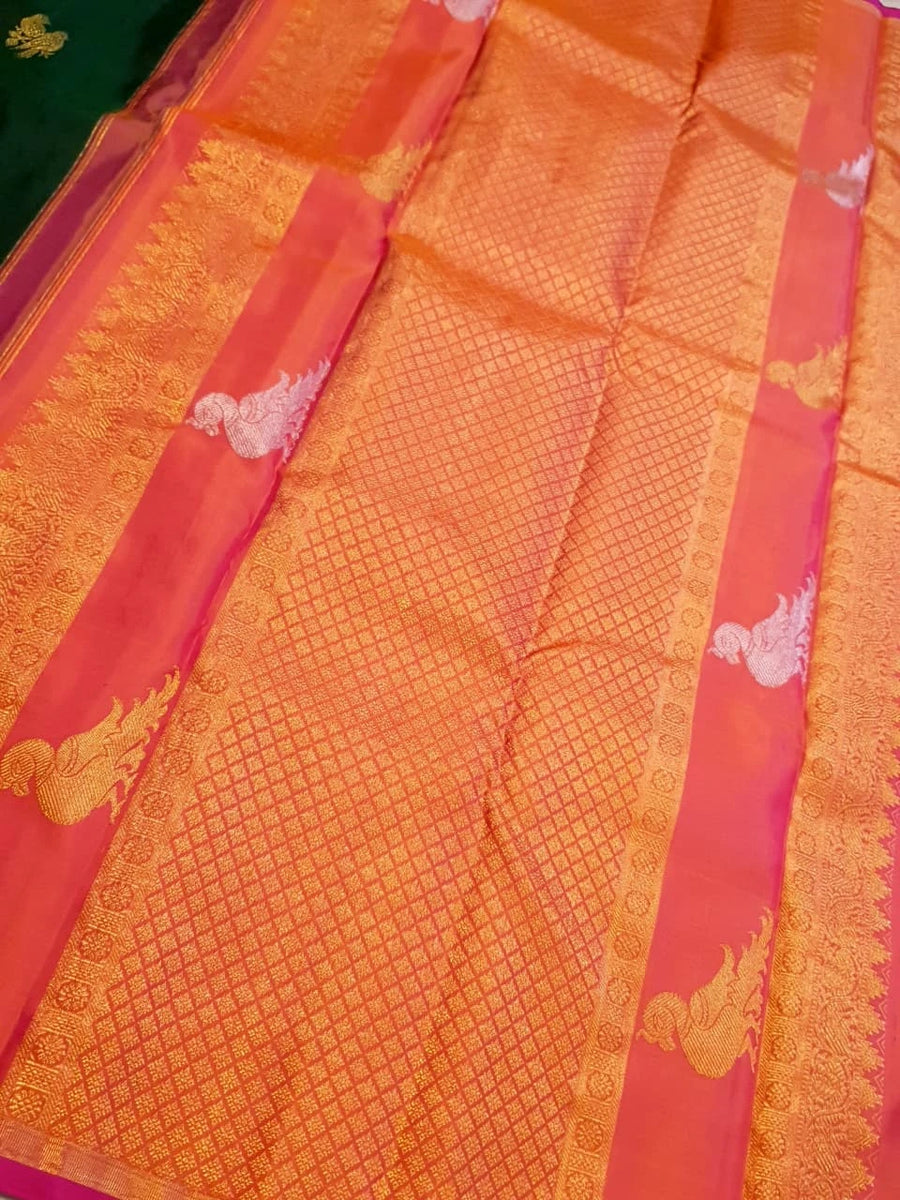 2G Pure Kanjivaram Silk Saree in Deep Bottle Green with Magenta Gold Zari Border & Coral Orange Parrot Butta Pallu | Silkmark Certified