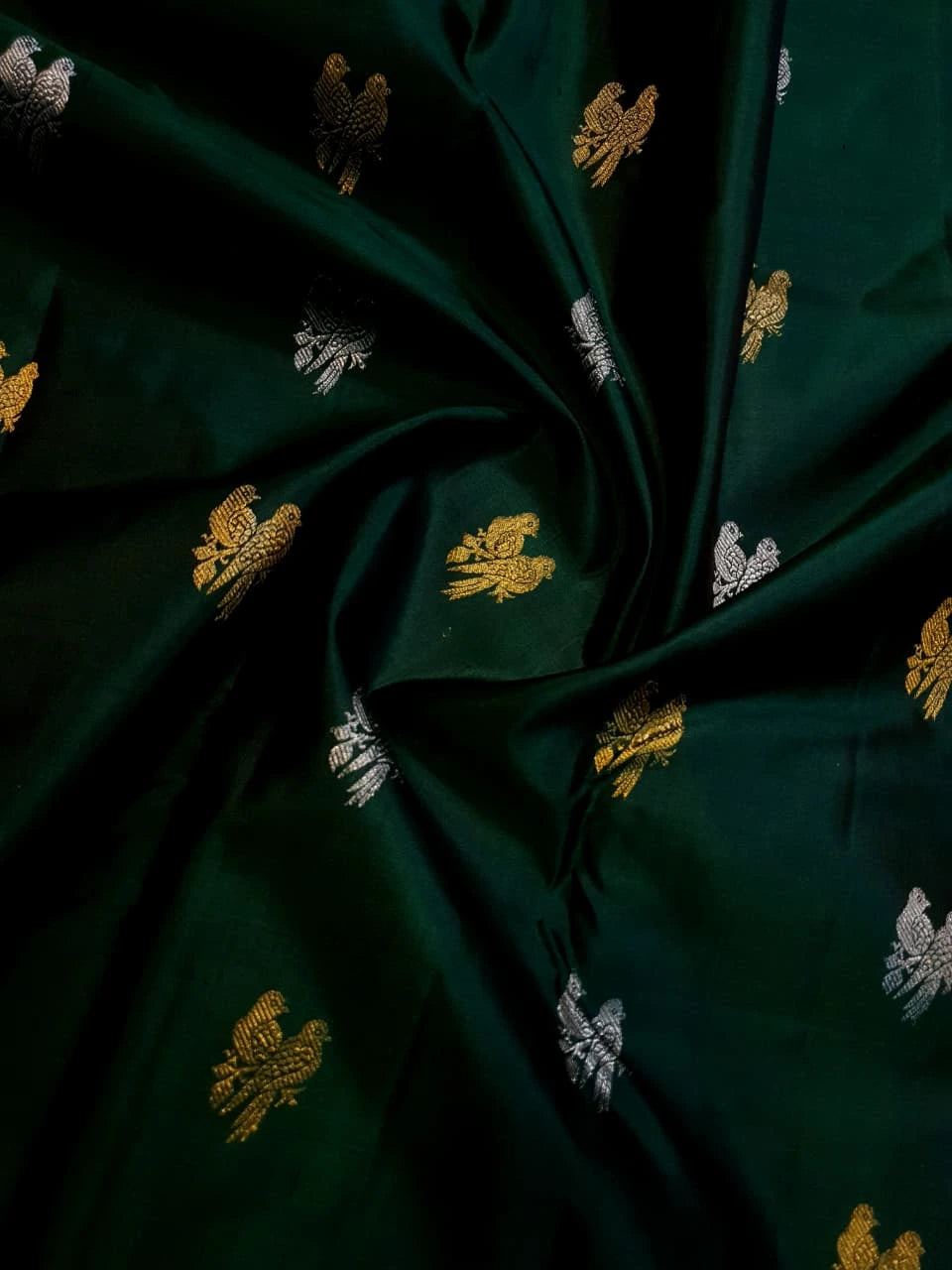 2G Pure Kanjivaram Silk Saree in Deep Bottle Green with Magenta Gold Zari Border & Coral Orange Parrot Butta Pallu | Silkmark Certified