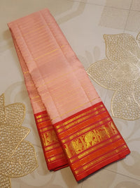 2G Pure Korvai Kanjivaram Silk Saree in Pastel Peach Pink with Rich Red Zari Border and Traditional Elephant Motifs | Silkmark Certified