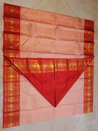 2G Pure Korvai Kanjivaram Silk Saree in Pastel Peach Pink with Rich Red Zari Border and Traditional Elephant Motifs | Silkmark Certified