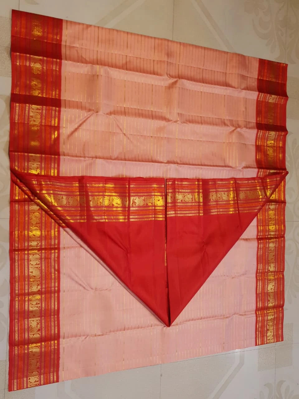 2G Pure Korvai Kanjivaram Silk Saree in Pastel Peach Pink with Rich Red Zari Border and Traditional Elephant Motifs | Silkmark Certified