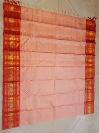 2G Pure Korvai Kanjivaram Silk Saree in Pastel Peach Pink with Rich Red Zari Border and Traditional Elephant Motifs | Silkmark Certified