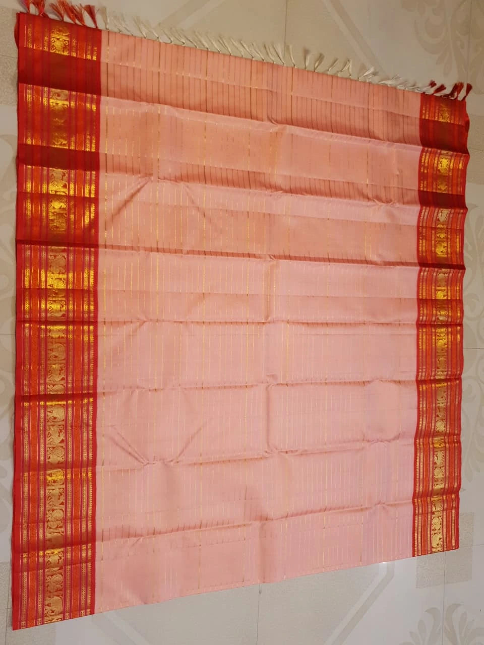 2G Pure Korvai Kanjivaram Silk Saree in Pastel Peach Pink with Rich Red Zari Border and Traditional Elephant Motifs | Silkmark Certified