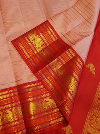 2G Pure Korvai Kanjivaram Silk Saree in Pastel Peach Pink with Rich Red Zari Border and Traditional Elephant Motifs | Silkmark Certified