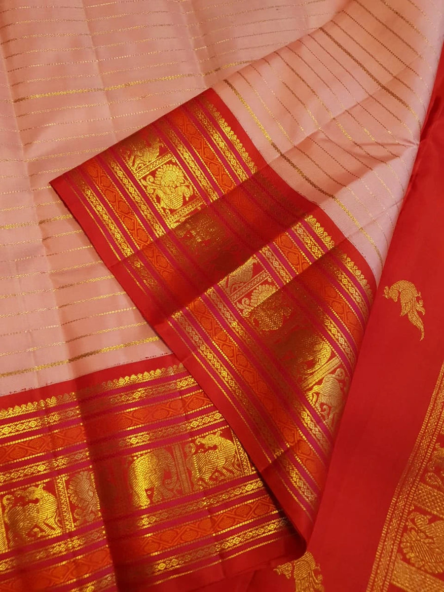2G Pure Korvai Kanjivaram Silk Saree in Pastel Peach Pink with Rich Red Zari Border and Traditional Elephant Motifs | Silkmark Certified