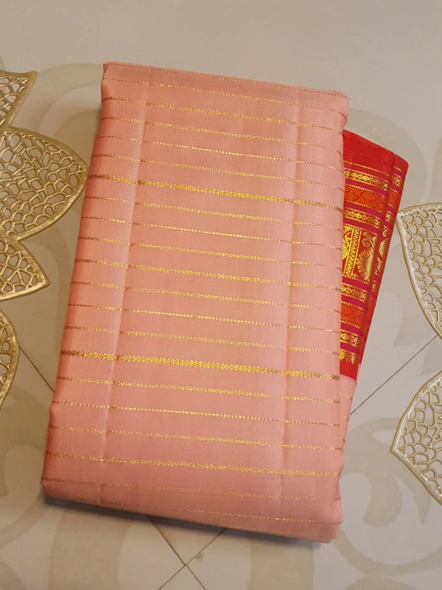 2G Pure Korvai Kanjivaram Silk Saree in Pastel Peach Pink with Rich Red Zari Border and Traditional Elephant Motifs | Silkmark Certified