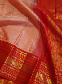 2G Pure Korvai Kanjivaram Silk Saree in Pastel Peach Pink with Rich Red Zari Border and Traditional Elephant Motifs | Silkmark Certified
