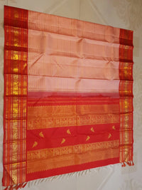 2G Pure Korvai Kanjivaram Silk Saree in Pastel Peach Pink with Rich Red Zari Border and Traditional Elephant Motifs | Silkmark Certified