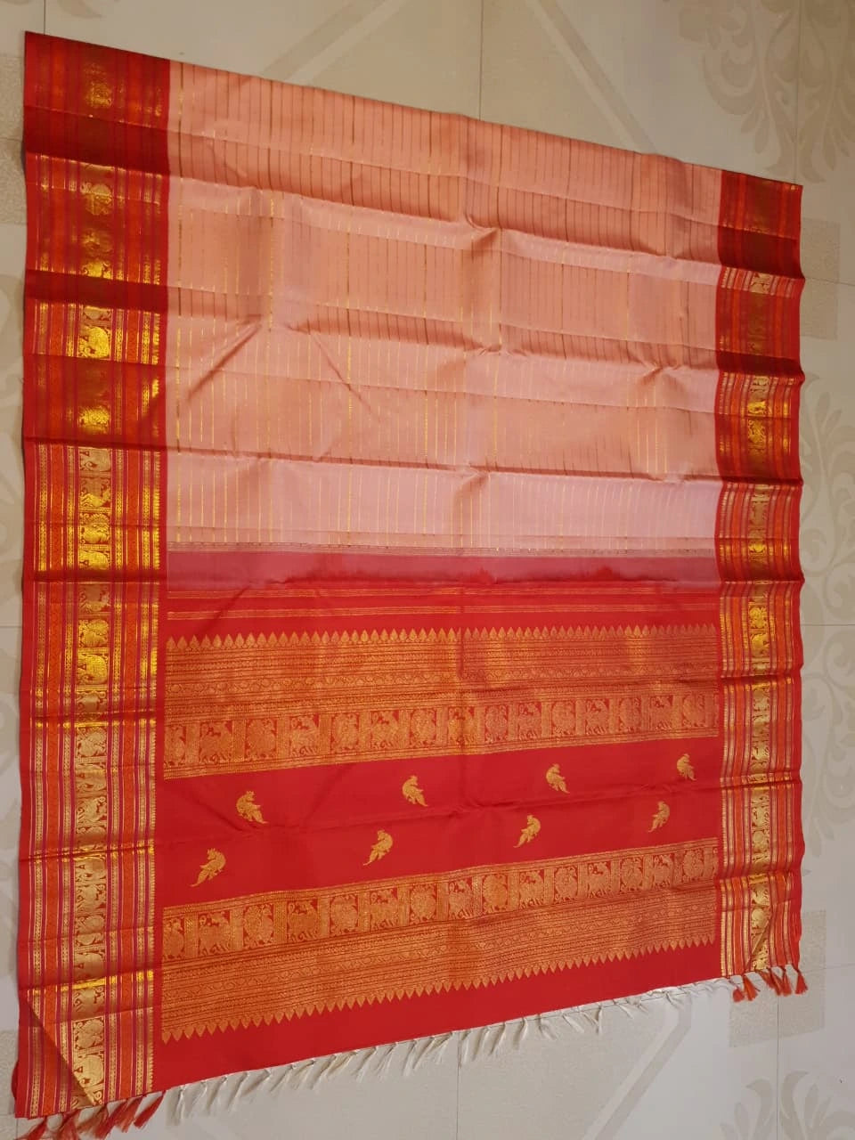 2G Pure Korvai Kanjivaram Silk Saree in Pastel Peach Pink with Rich Red Zari Border and Traditional Elephant Motifs | Silkmark Certified