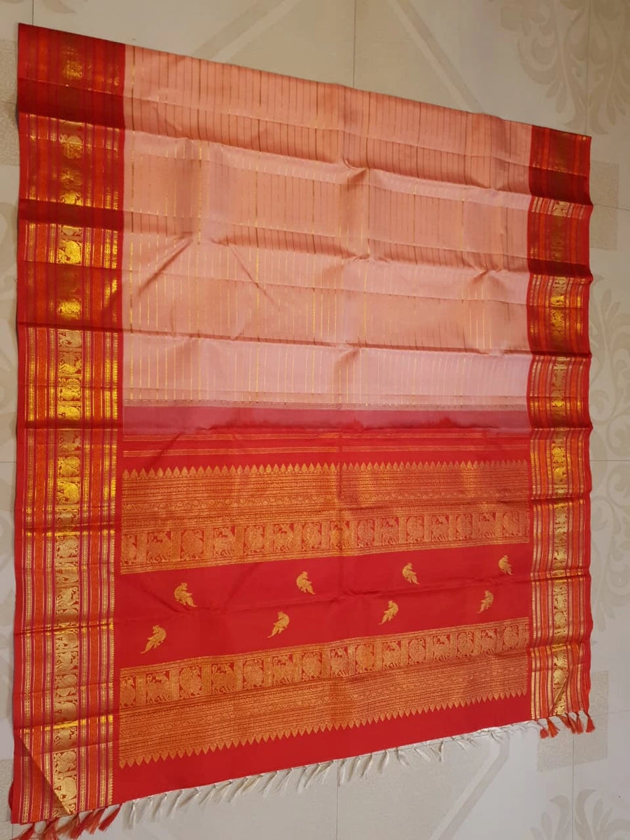 2G Pure Korvai Kanjivaram Silk Saree in Pastel Peach Pink with Rich Red Zari Border and Traditional Elephant Motifs | Silkmark Certified