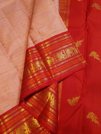 2G Pure Korvai Kanjivaram Silk Saree in Pastel Peach Pink with Rich Red Zari Border and Traditional Elephant Motifs | Silkmark Certified