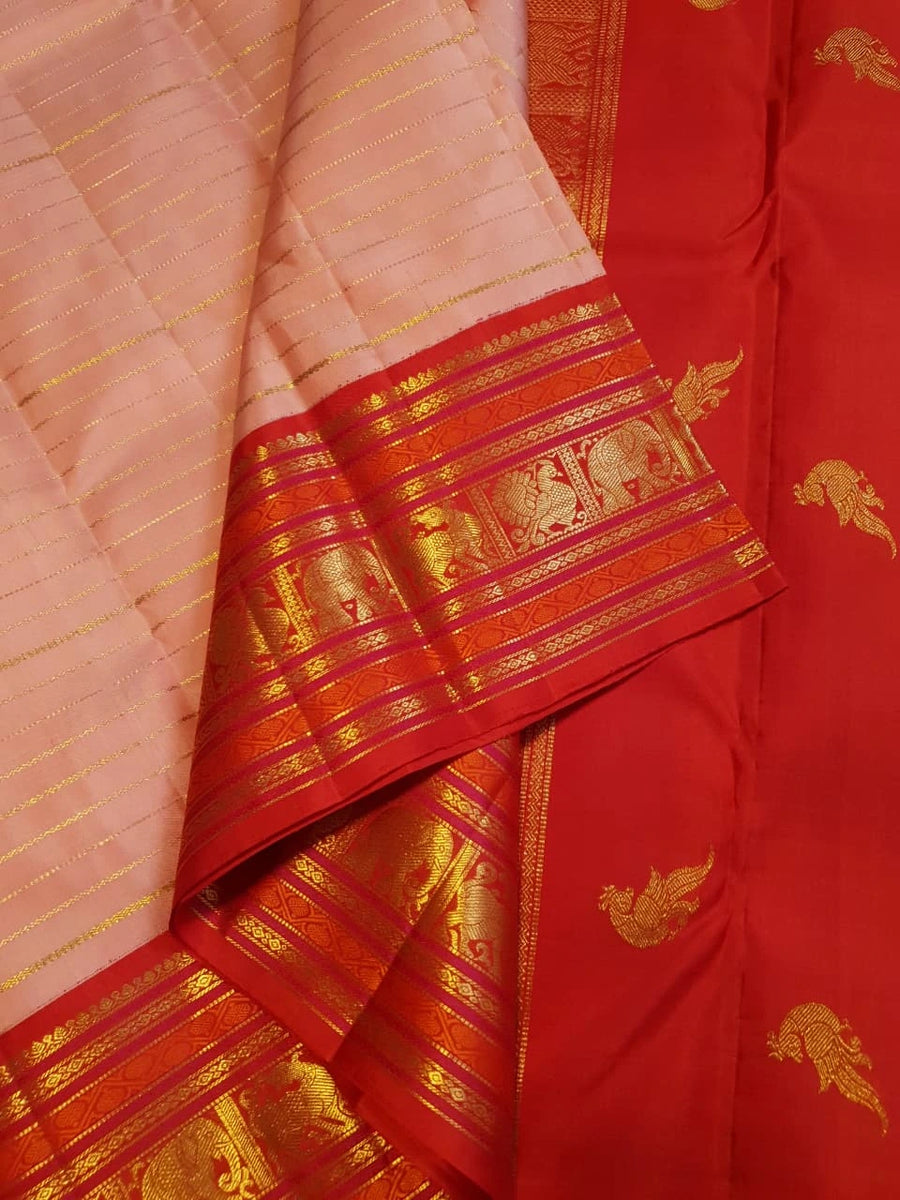 2G Pure Korvai Kanjivaram Silk Saree in Pastel Peach Pink with Rich Red Zari Border and Traditional Elephant Motifs | Silkmark Certified