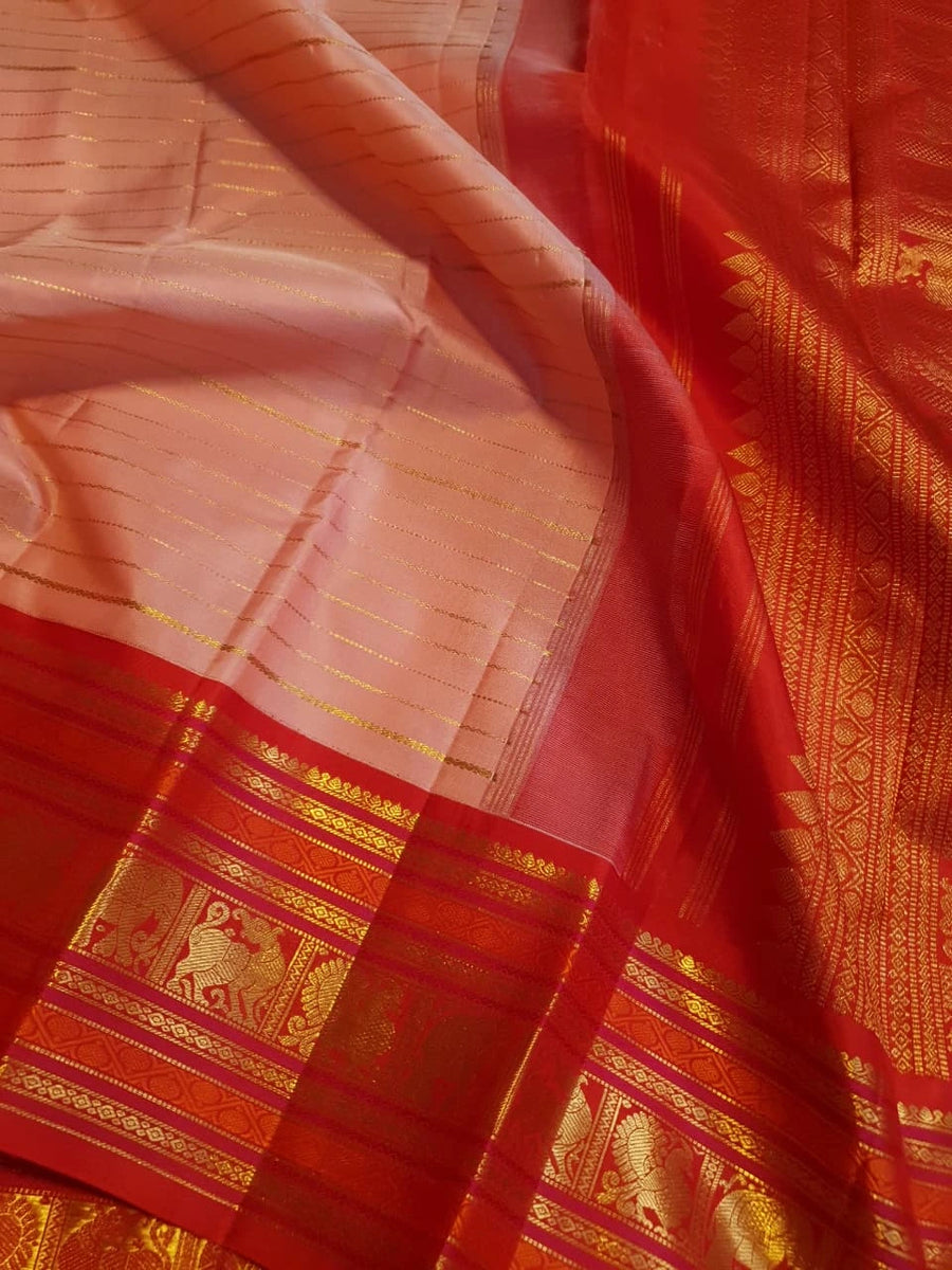 2G Pure Korvai Kanjivaram Silk Saree in Pastel Peach Pink with Rich Red Zari Border and Traditional Elephant Motifs | Silkmark Certified