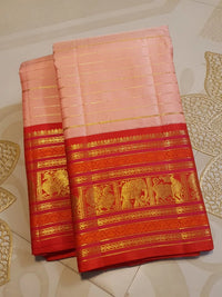 2G Pure Korvai Kanjivaram Silk Saree in Pastel Peach Pink with Rich Red Zari Border and Traditional Elephant Motifs | Silkmark Certified