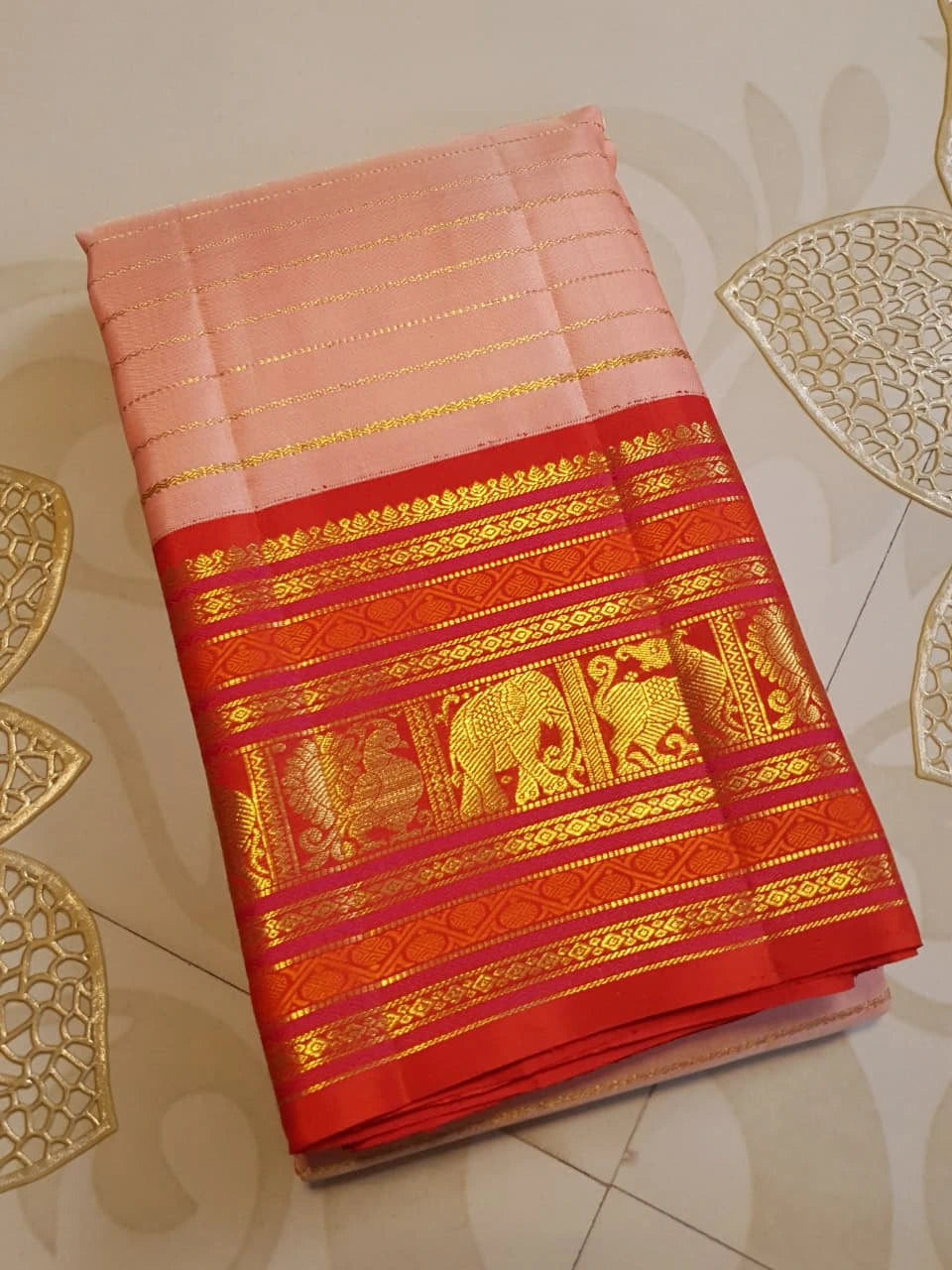 2G Pure Korvai Kanjivaram Silk Saree in Pastel Peach Pink with Rich Red Zari Border and Traditional Elephant Motifs | Silkmark Certified