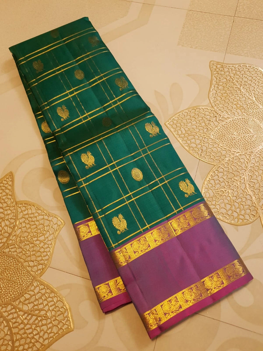 2G Pure Kanjivaram Silk Saree in Bottle Green with Magenta Purple Zari Border, Gold Zari Checks & Peacock Butta | Silkmark Certified