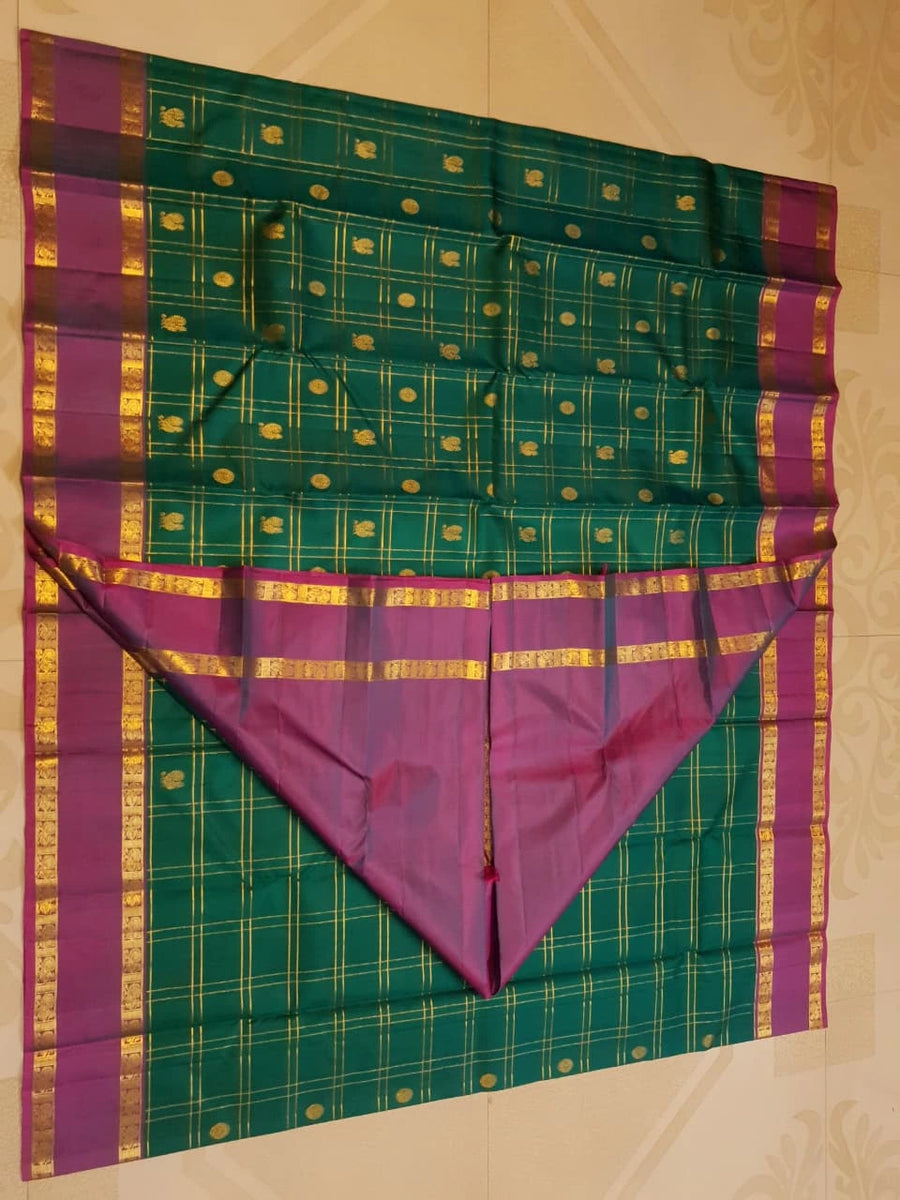 2G Pure Kanjivaram Silk Saree in Bottle Green with Magenta Purple Zari Border, Gold Zari Checks & Peacock Butta | Silkmark Certified