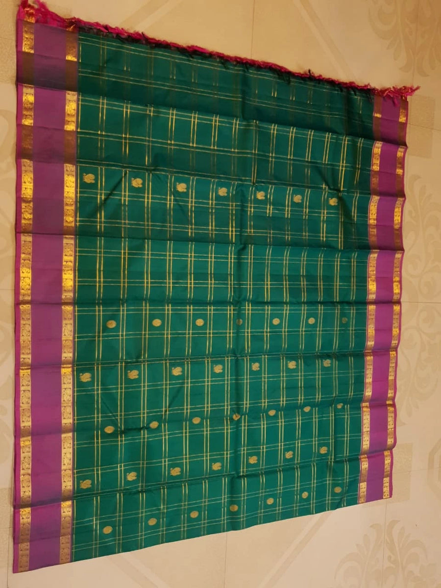 2G Pure Kanjivaram Silk Saree in Bottle Green with Magenta Purple Zari Border, Gold Zari Checks & Peacock Butta | Silkmark Certified