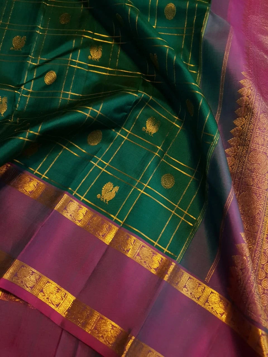 2G Pure Kanjivaram Silk Saree in Bottle Green with Magenta Purple Zari Border, Gold Zari Checks & Peacock Butta | Silkmark Certified