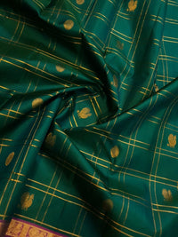 2G Pure Kanjivaram Silk Saree in Bottle Green with Magenta Purple Zari Border, Gold Zari Checks & Peacock Butta | Silkmark Certified