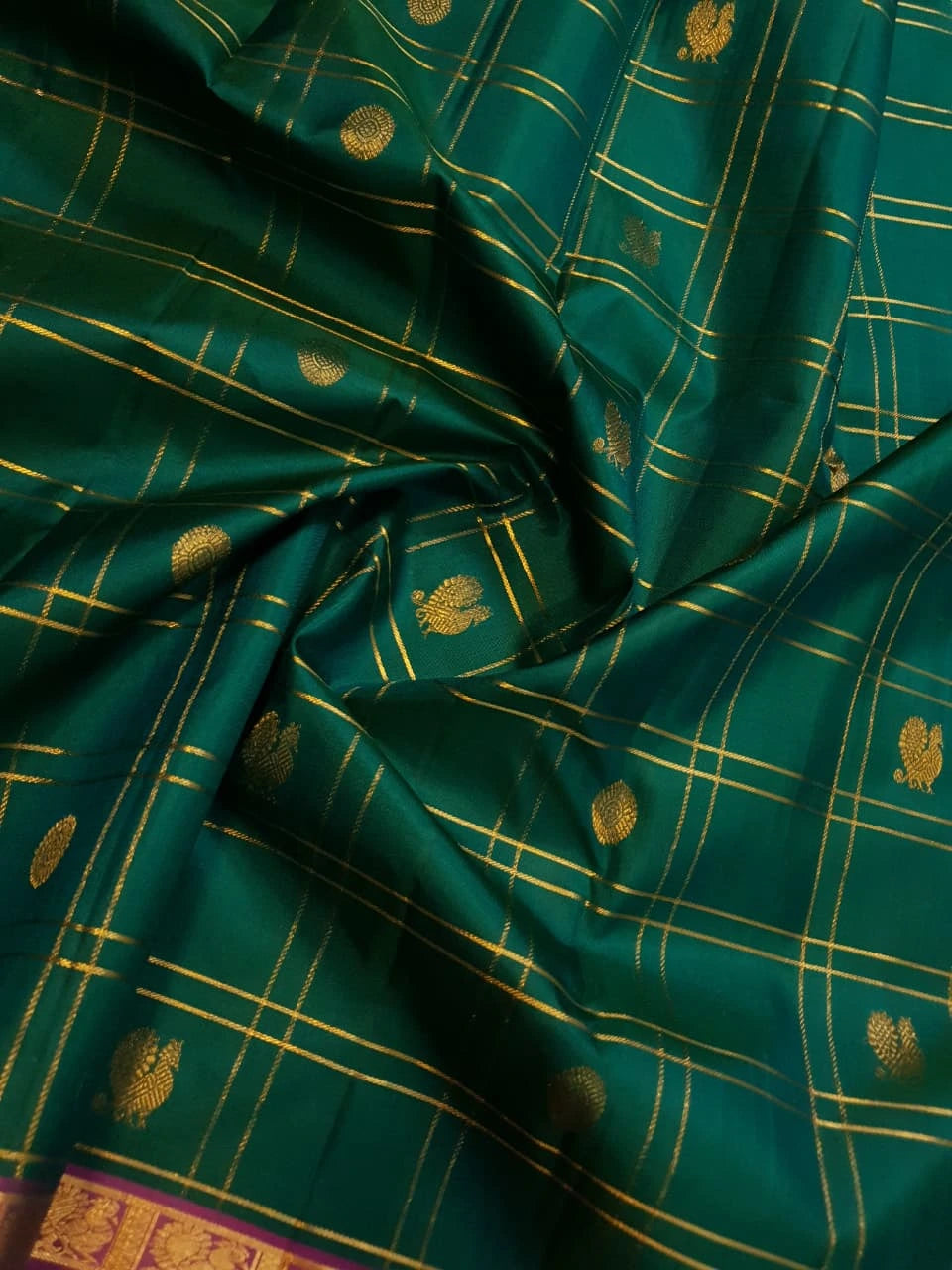 2G Pure Kanjivaram Silk Saree in Bottle Green with Magenta Purple Zari Border, Gold Zari Checks & Peacock Butta | Silkmark Certified