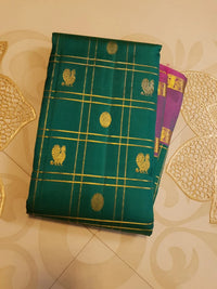 2G Pure Kanjivaram Silk Saree in Bottle Green with Magenta Purple Zari Border, Gold Zari Checks & Peacock Butta | Silkmark Certified