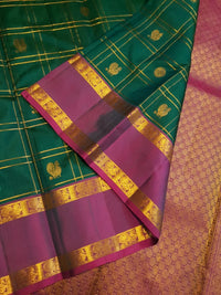 2G Pure Kanjivaram Silk Saree in Bottle Green with Magenta Purple Zari Border, Gold Zari Checks & Peacock Butta | Silkmark Certified