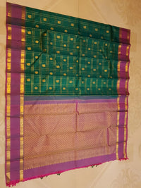 2G Pure Kanjivaram Silk Saree in Bottle Green with Magenta Purple Zari Border, Gold Zari Checks & Peacock Butta | Silkmark Certified