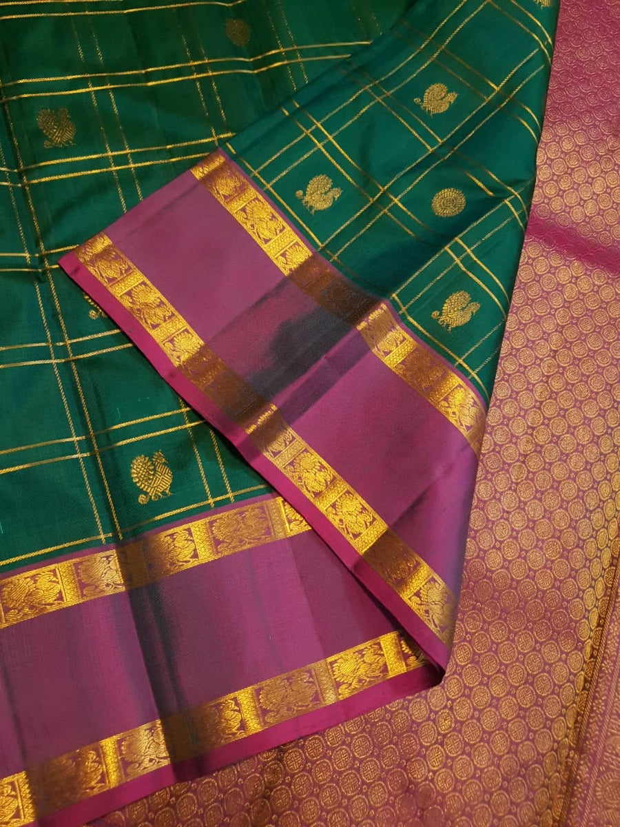 2G Pure Kanjivaram Silk Saree in Bottle Green with Magenta Purple Zari Border, Gold Zari Checks & Peacock Butta | Silkmark Certified