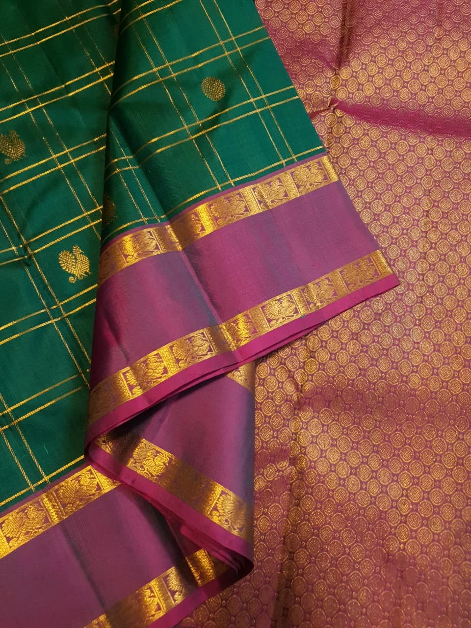 2G Pure Kanjivaram Silk Saree in Bottle Green with Magenta Purple Zari Border, Gold Zari Checks & Peacock Butta | Silkmark Certified