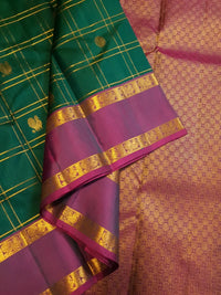 2G Pure Kanjivaram Silk Saree in Bottle Green with Magenta Purple Zari Border, Gold Zari Checks & Peacock Butta | Silkmark Certified