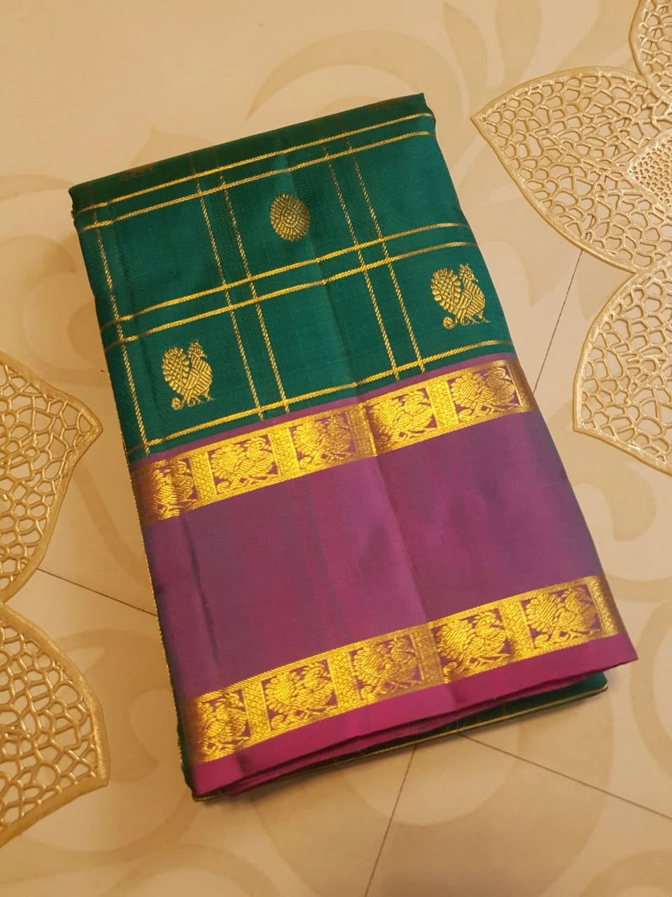 2G Pure Kanjivaram Silk Saree in Bottle Green with Magenta Purple Zari Border, Gold Zari Checks & Peacock Butta | Silkmark Certified